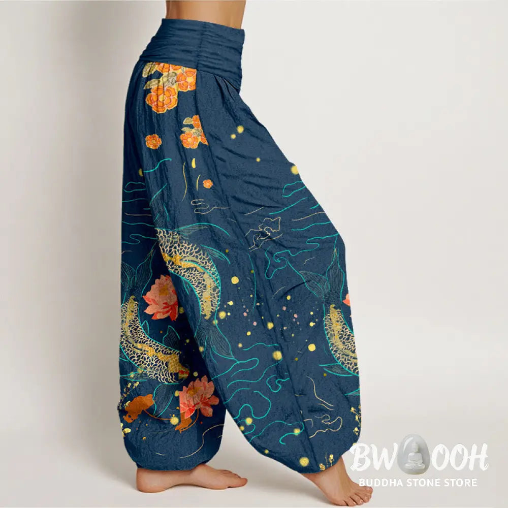 Buddha Stones Koi Fish Lotus Pattern Women’s Elastic Waist Harem Pure Cotton Printed Pants - Women’s Harem Pants