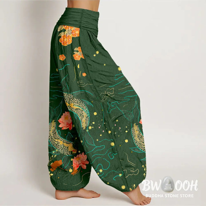 Buddha Stones Koi Fish Lotus Pattern Women’s Elastic Waist Harem Pure Cotton Printed Pants - Women’s Harem Pants