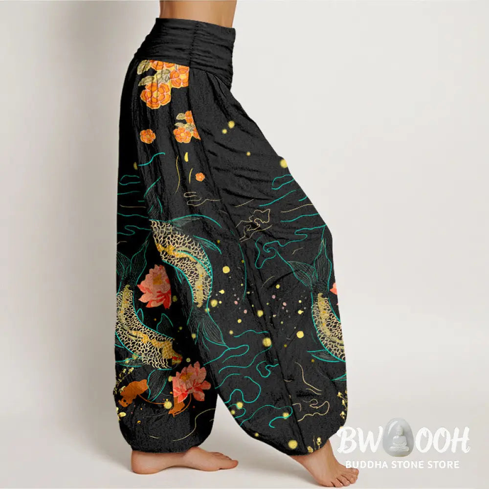 Buddha Stones Koi Fish Lotus Pattern Women’s Elastic Waist Harem Pure Cotton Printed Pants - Women’s Harem Pants