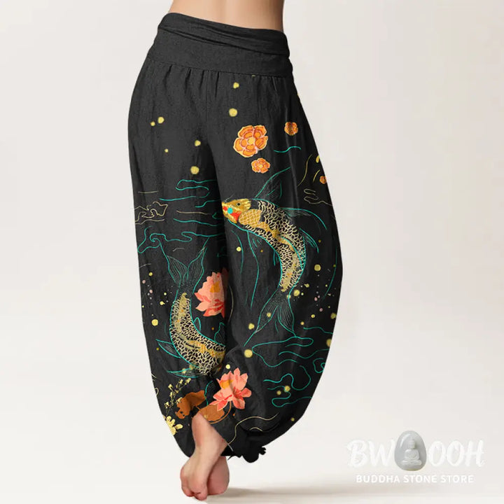 Buddha Stones Koi Fish Lotus Pattern Women’s Elastic Waist Harem Pure Cotton Printed Pants - Women’s Harem Pants