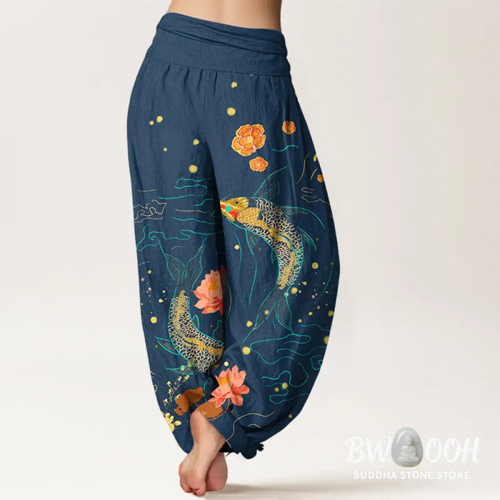 Buddha Stones Koi Fish Lotus Pattern Women’s Elastic Waist Harem Pure Cotton Printed Pants - Women’s Harem Pants