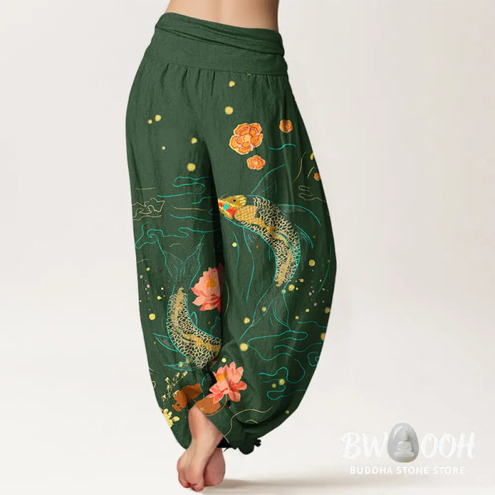 Buddha Stones Koi Fish Lotus Pattern Women’s Elastic Waist Harem Pure Cotton Printed Pants - Women’s Harem Pants