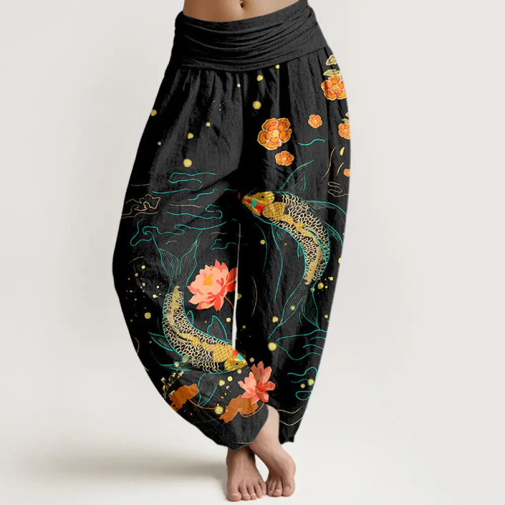 BWOOOH lotus print harem pants - Koi Fish Lotus Pattern Women's Elastic W