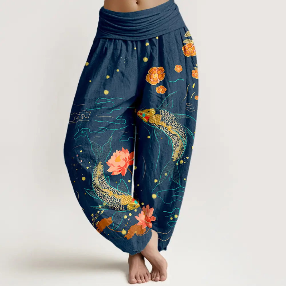 Buddha Stones Koi Fish Lotus Pattern Women’s Elastic Waist Harem Pure Cotton Printed Pants - DarkBlue / US2，UK/AU6，EU34