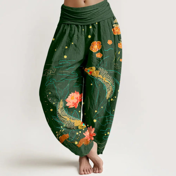 Buddha Stones Koi Fish Lotus Pattern Women’s Elastic Waist Harem Pure Cotton Printed Pants - DarkGreen