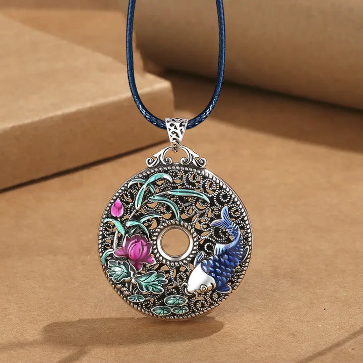 Buddha Stones Koi Fish Lotus Peace Buckle Fu Character Wealth Luck Necklace Pendant - BWOOOH - Lotus Carp&amp;Leather Rope