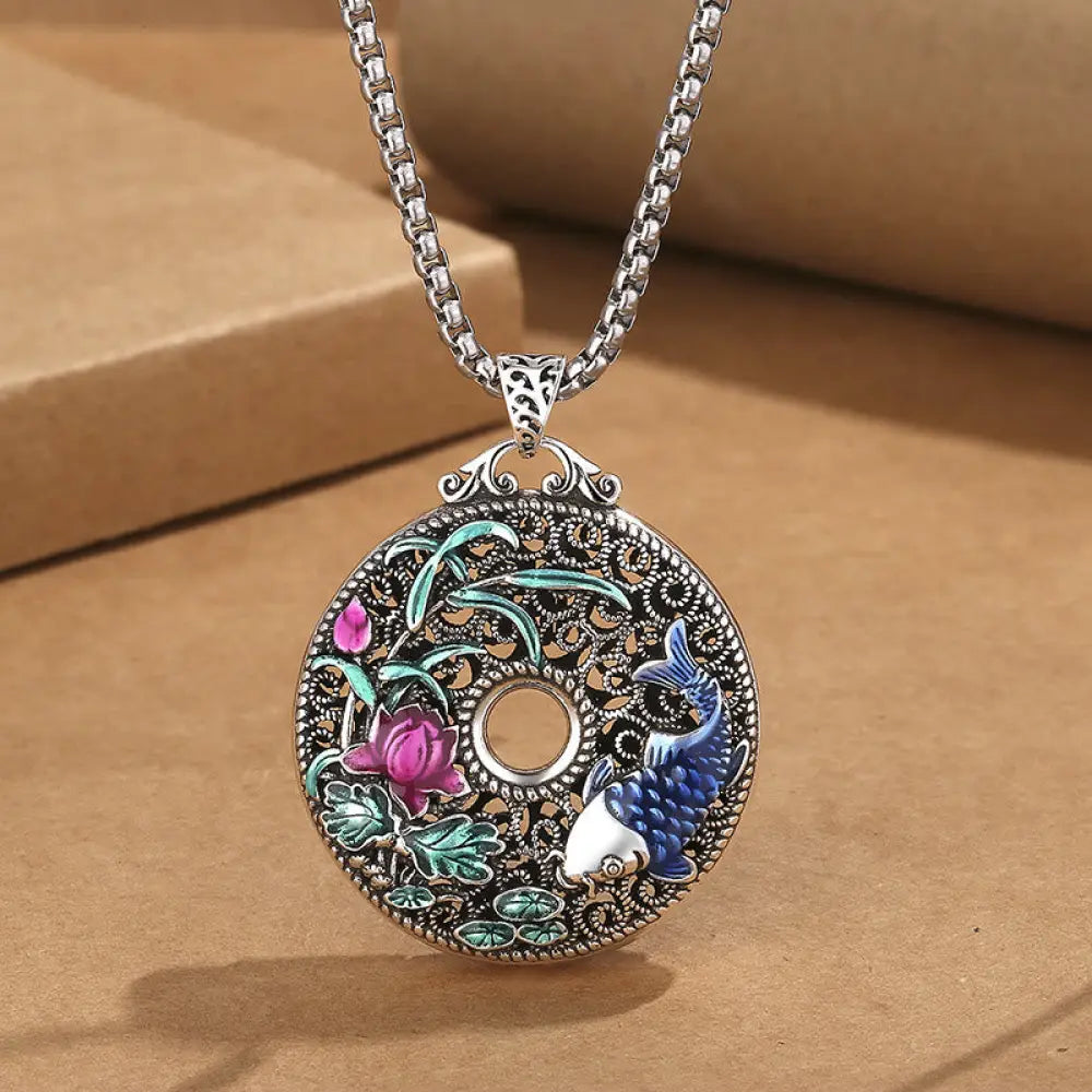 BWOOOH Koi Fish Lotus Peace Buckle Fu Character Wealth Luck Necklace Pendant feng shui jewelry