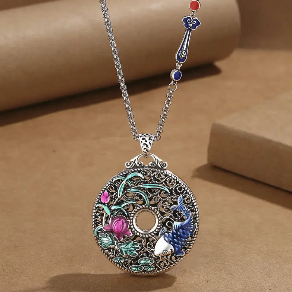 Buddha Stones Koi Fish Lotus Peace Buckle Fu Character Wealth Luck Necklace Pendant - BWOOOH - Lotus Koi Fish&amp;Ruyi