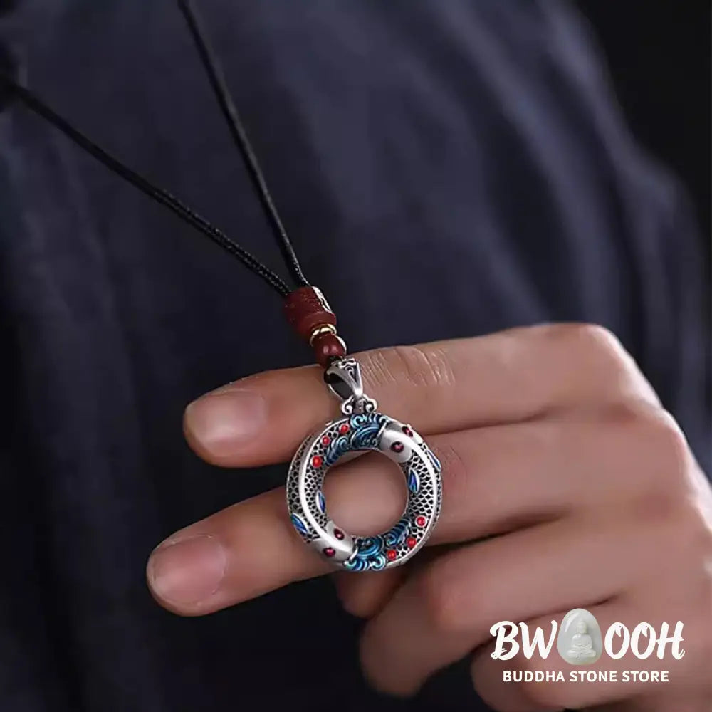 BWOOOH handcrafted copper-plated gold Koi Fish Peace Buckle necklace pendant with rope and cinnabar accents, symbolizing wealth, luck, and spiritual tranquility. A detailed 4.1x2.9cm amulet for prosperity. - View 3