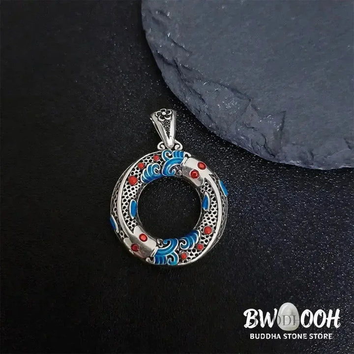 BWOOOH handcrafted copper-plated gold Koi Fish Peace Buckle necklace pendant with rope and cinnabar accents, symbolizing wealth, luck, and spiritual tranquility. A detailed 4.1x2.9cm amulet for prosperity. - View 9