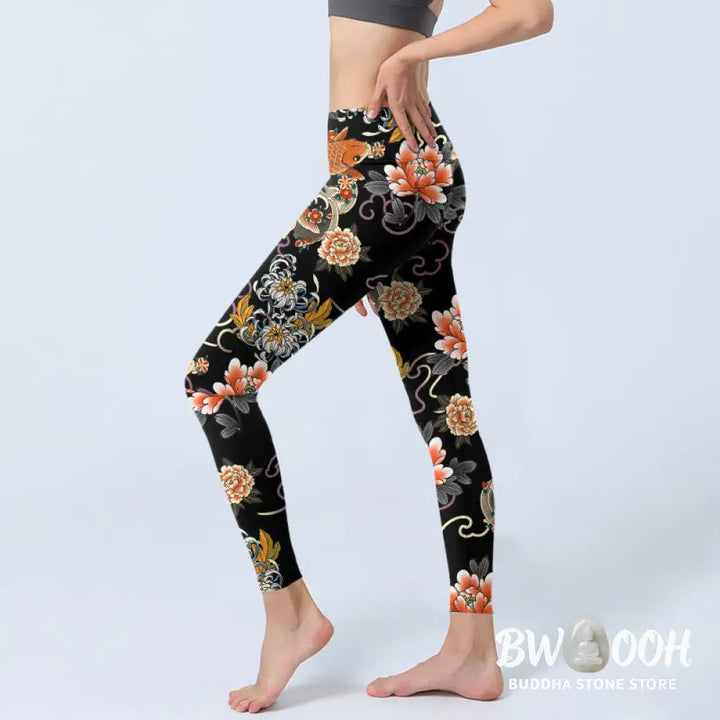 BWOOOH koi fish print yoga leggings - Koi Fish Peony Chrysanthemum Clouds Patt