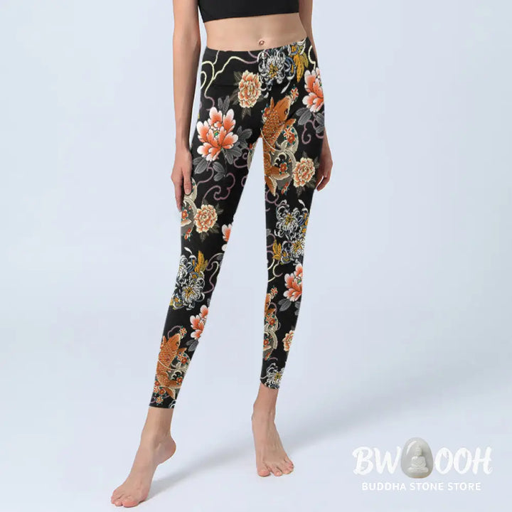 BWOOOH koi fish print yoga leggings - Koi Fish Peony Chrysanthemum Clouds Patt