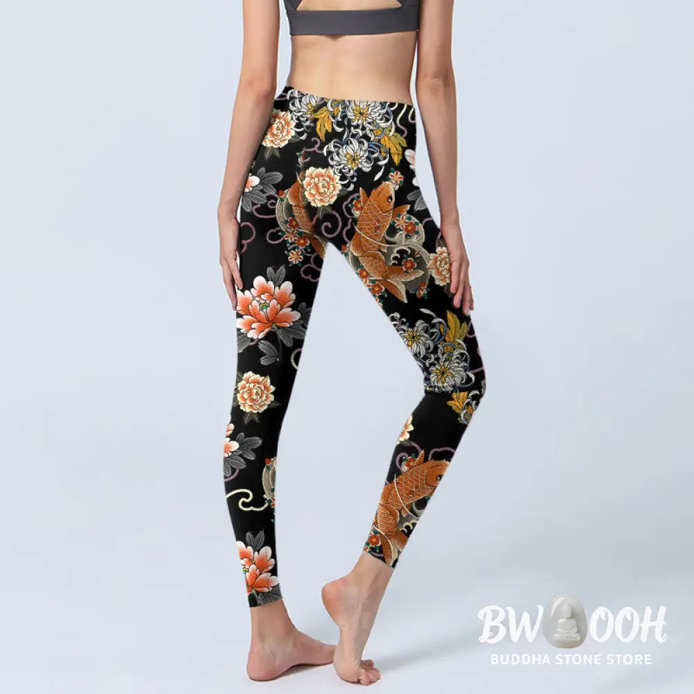 BWOOOH koi fish print yoga leggings - Koi Fish Peony Chrysanthemum Clouds Patt