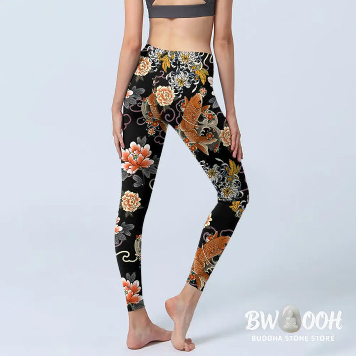 BWOOOH koi fish print yoga leggings - Koi Fish Peony Chrysanthemum Clouds Patt