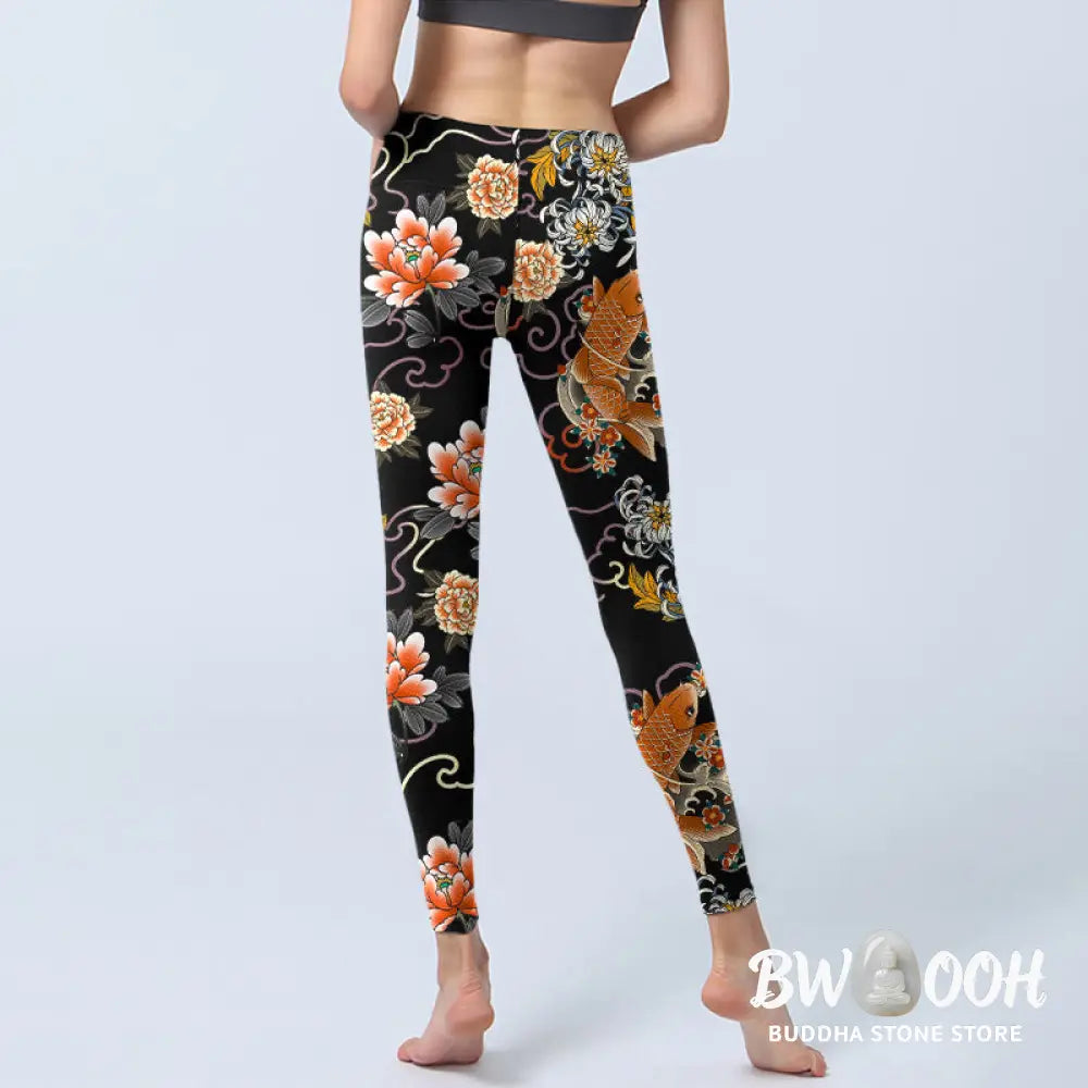 BWOOOH koi fish print yoga leggings - Koi Fish Peony Chrysanthemum Clouds Patt