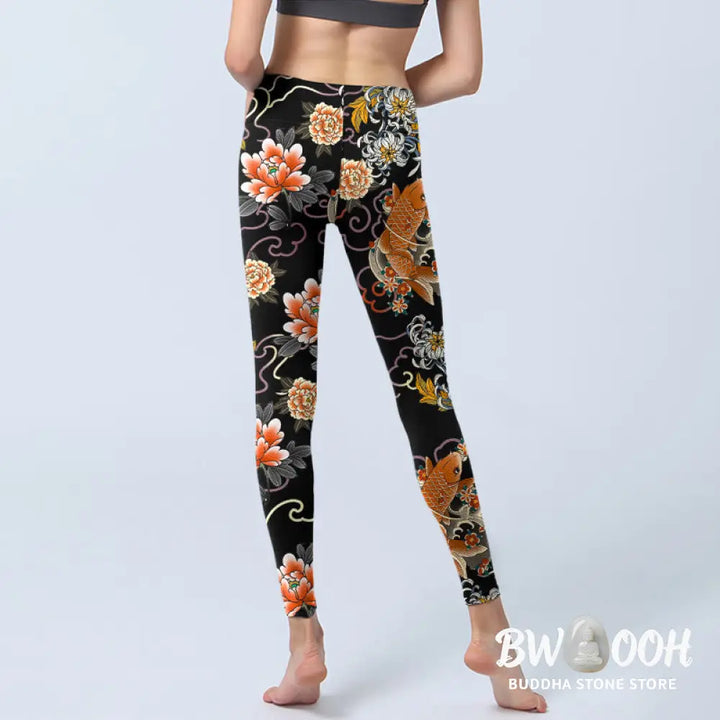 BWOOOH koi fish print yoga leggings - Koi Fish Peony Chrysanthemum Clouds Patt