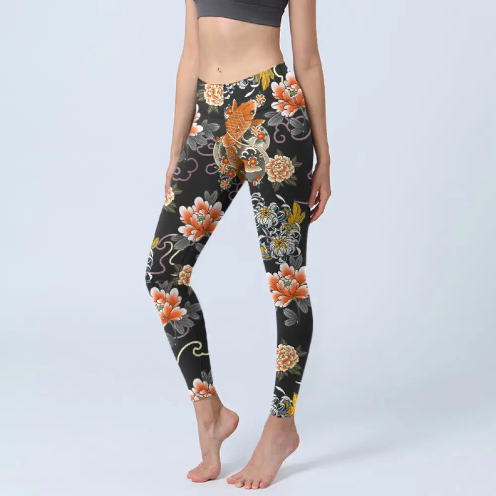 BWOOOH koi fish print yoga leggings - Koi Fish Peony Chrysanthemum Clouds Patt