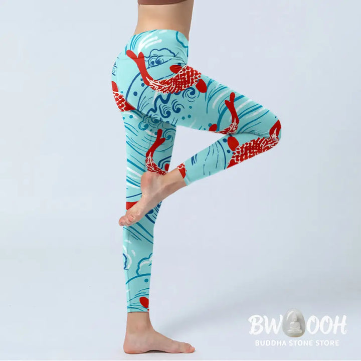 BWOOOH koi fish print yoga leggings - Koi Fish Wave Pattern Print Gym Leggings