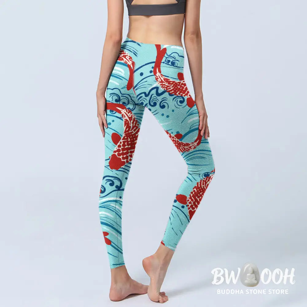 BWOOOH koi fish print yoga leggings - Koi Fish Wave Pattern Print Gym Leggings
