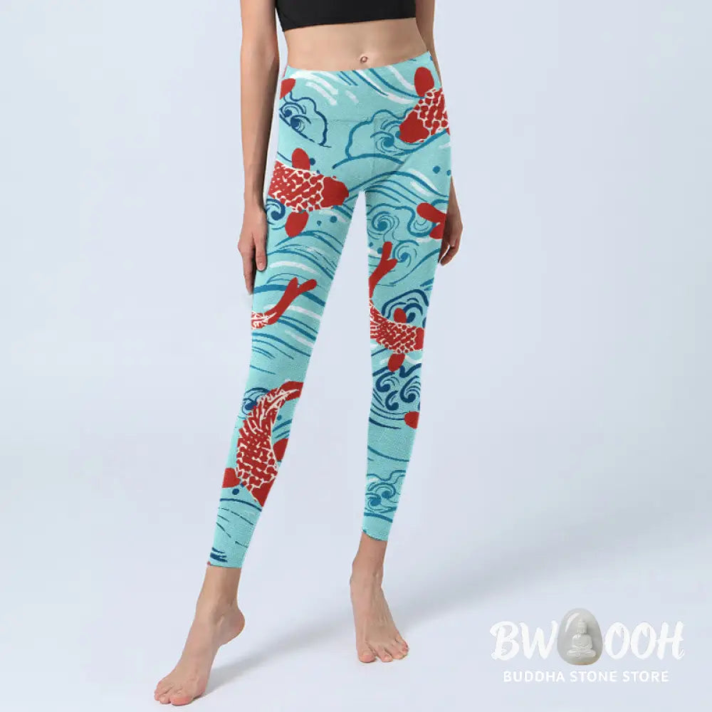 BWOOOH koi fish print yoga leggings - Koi Fish Wave Pattern Print Gym Leggings