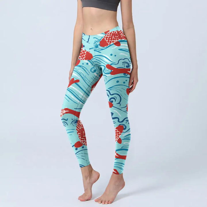BWOOOH koi fish print yoga leggings - Koi Fish Wave Pattern Print Gym Leggings