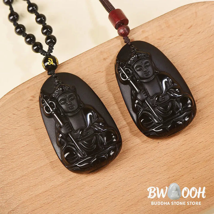 Buddha Stones Ksitigarbha Buddha Pattern Black Obsidian Fulfilment Necklace Pendant - BWOOOH - Necklaces &amp; Pendants