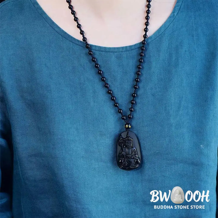 Buddha Stones Ksitigarbha Buddha Pattern Black Obsidian Fulfilment Necklace Pendant - BWOOOH - Necklaces &amp; Pendants