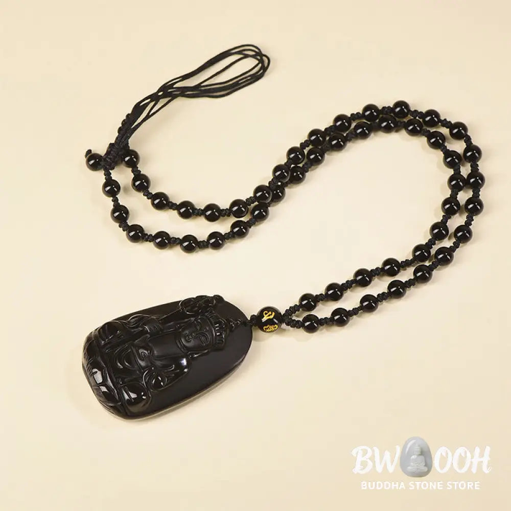 Buddha Stones Ksitigarbha Buddha Pattern Black Obsidian Fulfilment Necklace Pendant - BWOOOH - Necklaces &amp; Pendants