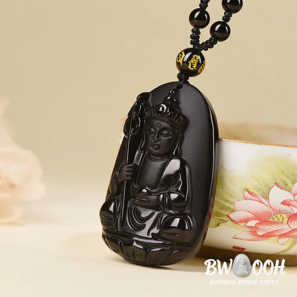 Buddha Stones Ksitigarbha Buddha Pattern Black Obsidian Fulfilment Necklace Pendant - BWOOOH - Necklaces &amp; Pendants