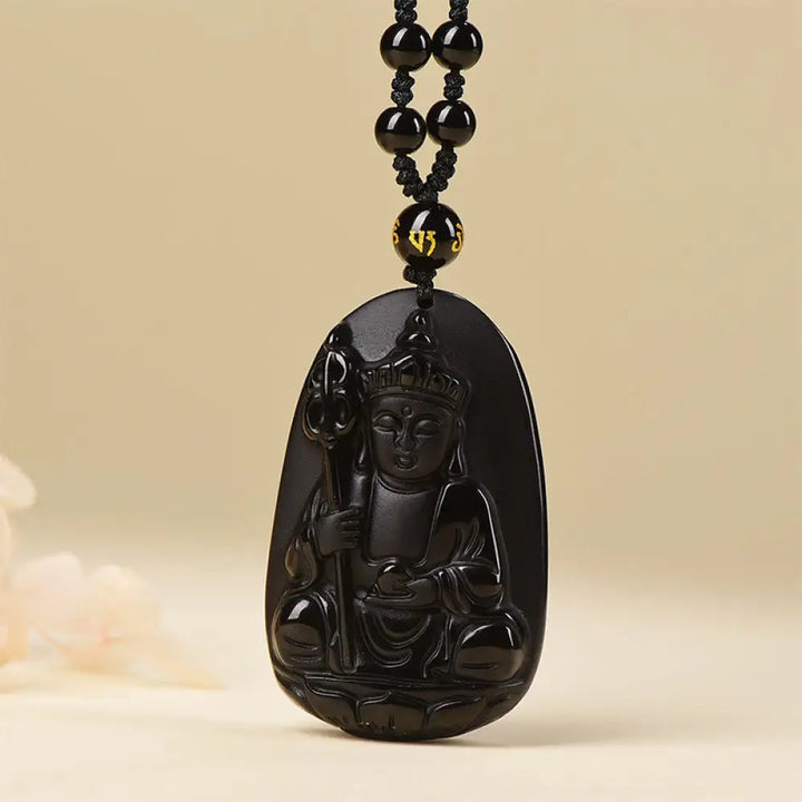 Buddha Stones Ksitigarbha Buddha Pattern Black Obsidian Fulfilment Necklace Pendant - BWOOOH - Black Obsidian With Bead