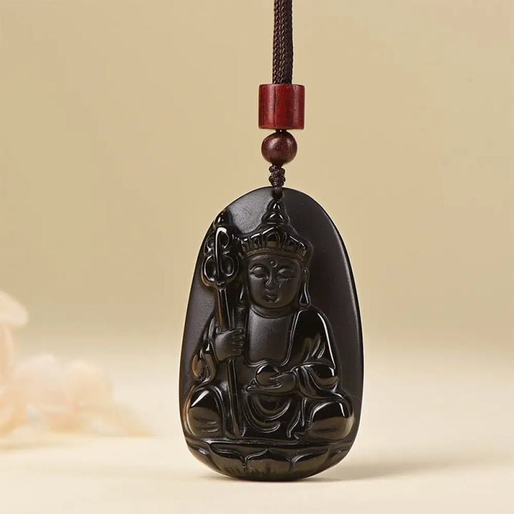Buddha Stones Ksitigarbha Buddha Pattern Black Obsidian Fulfilment Necklace Pendant - BWOOOH - Black Obsidian With Rope