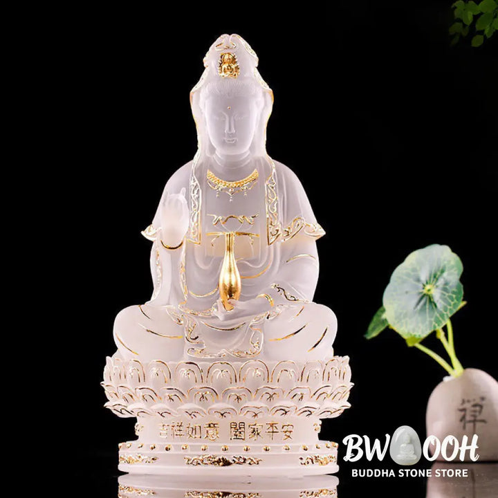 BWOOOH Kwan Yin Avalokitesvara Handmade Figurine Liuli Crystal Art Piece Wealth Statue Home Offering Decoration