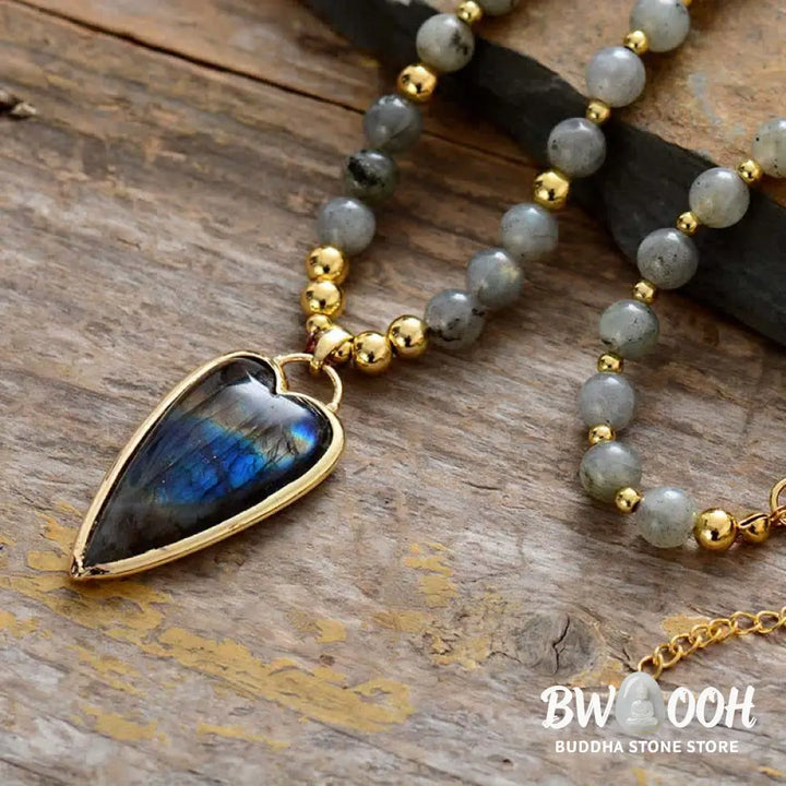 Buddha Stones Labradorite Support Healing Beaded Necklace Pendant - BWOOOH - Labradorite - Necklaces &amp; Pendants