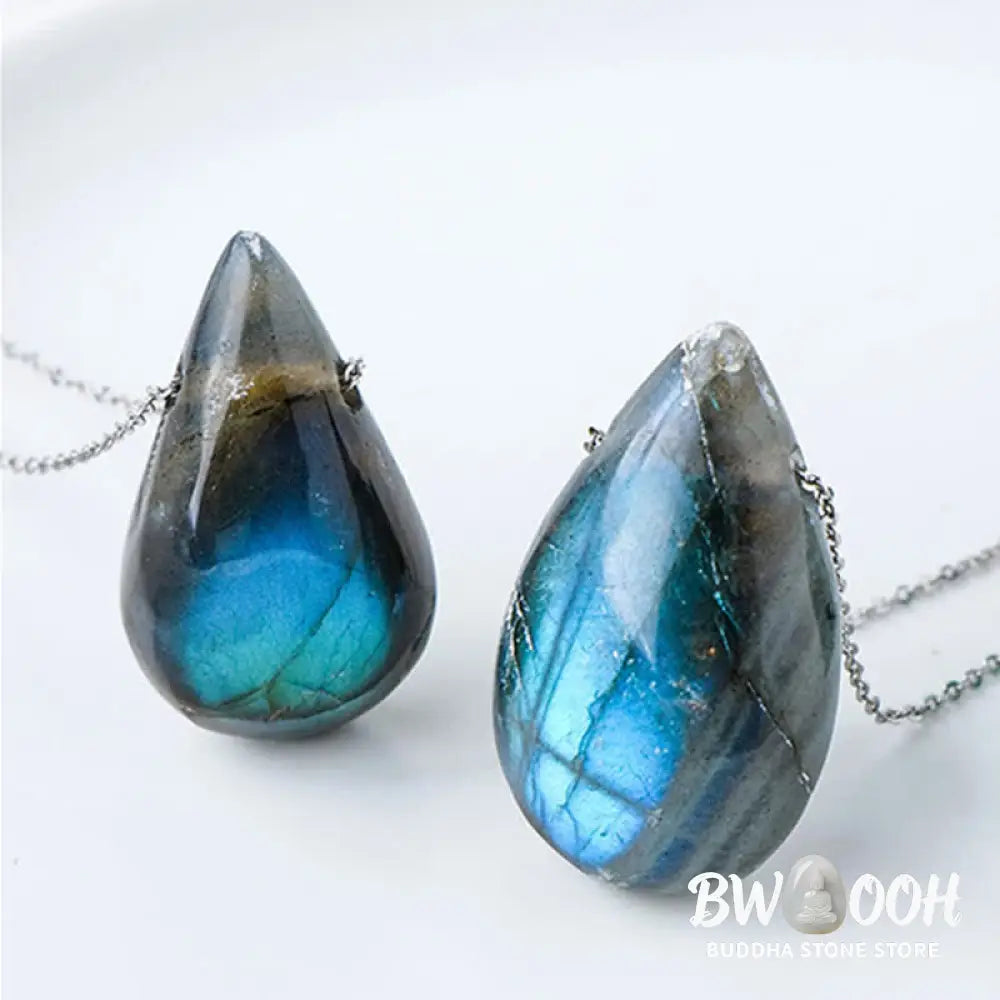 BWOOOH Labradorite Water Drop Support Healing Necklace Pendant, showcasing unique labradorescence with iridescent blue, green, and gold flashes against a dark background, embodying spiritual change and inner light. - View 6
