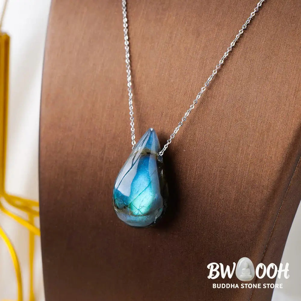 BWOOOH Labradorite Water Drop Support Healing Necklace Pendant, showcasing unique labradorescence with iridescent blue, green, and gold flashes against a dark background, embodying spiritual change and inner light. - View 4