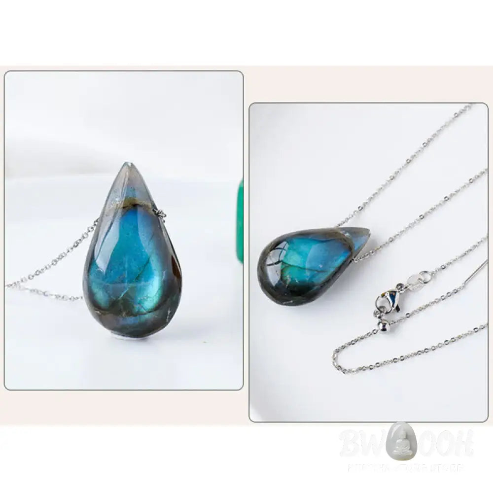 BWOOOH Labradorite Water Drop Support Healing Necklace Pendant, showcasing unique labradorescence with iridescent blue, green, and gold flashes against a dark background, embodying spiritual change and inner light. - View 8
