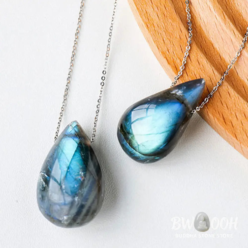 BWOOOH Labradorite Water Drop Support Healing Necklace Pendant, showcasing unique labradorescence with iridescent blue, green, and gold flashes against a dark background, embodying spiritual change and inner light. - View 5