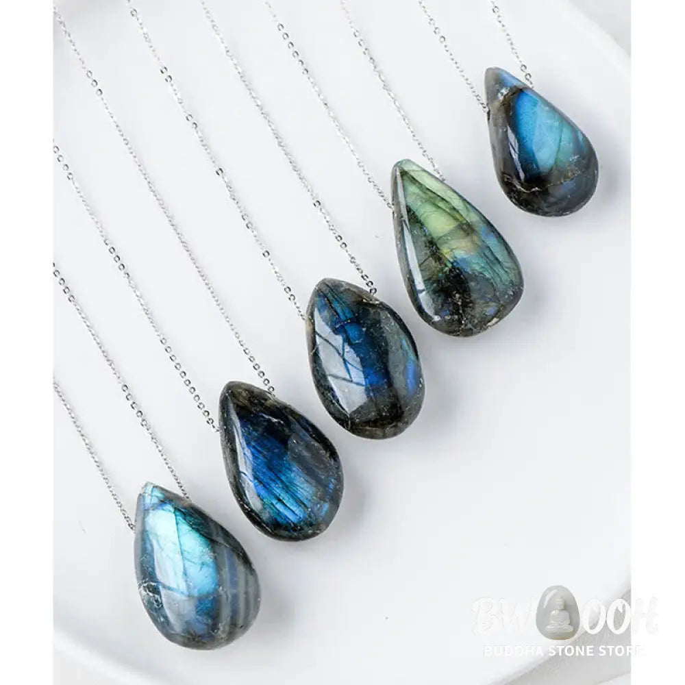 BWOOOH Labradorite Water Drop Support Healing Necklace Pendant, showcasing unique labradorescence with iridescent blue, green, and gold flashes against a dark background, embodying spiritual change and inner light. - View 7