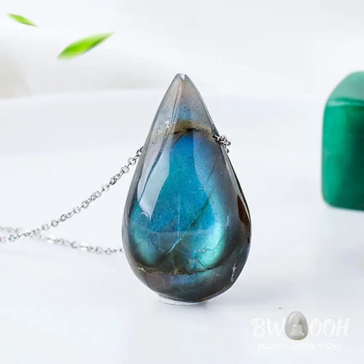 BWOOOH Labradorite Water Drop Support Healing Necklace Pendant, showcasing unique labradorescence with iridescent blue, green, and gold flashes against a dark background, embodying spiritual change and inner light. - View 2