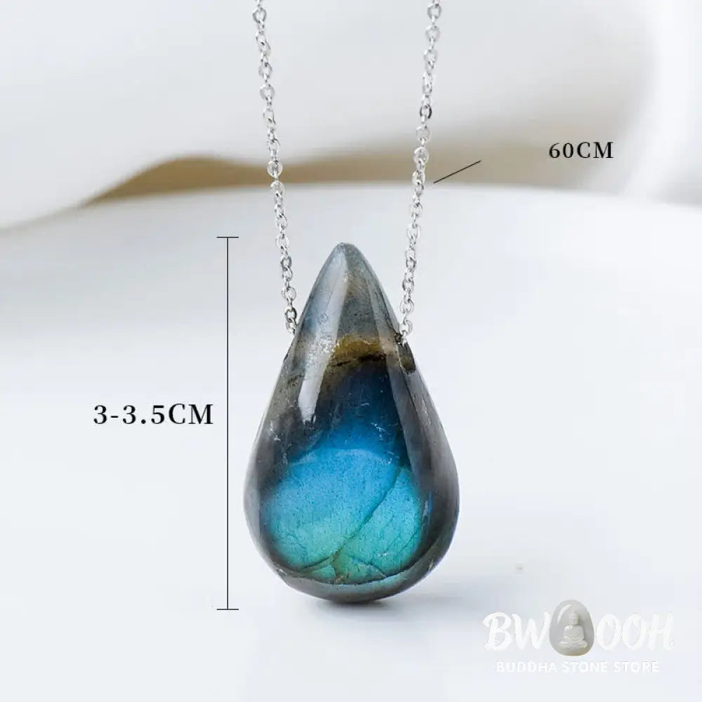 BWOOOH Labradorite Water Drop Support Healing Necklace Pendant, showcasing unique labradorescence with iridescent blue, green, and gold flashes against a dark background, embodying spiritual change and inner light. - View 9