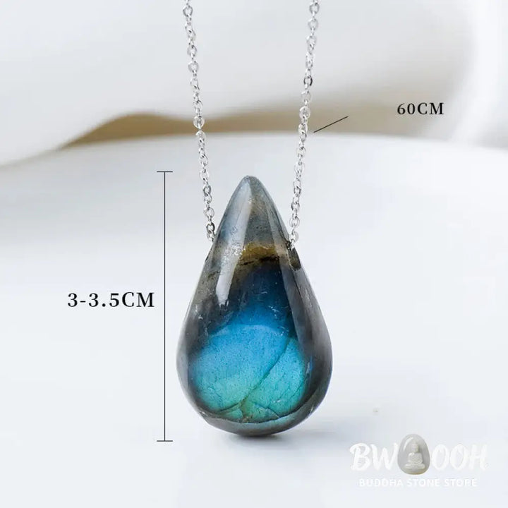 BWOOOH Labradorite Water Drop Support Healing Necklace Pendant, showcasing unique labradorescence with iridescent blue, green, and gold flashes against a dark background, embodying spiritual change and inner light. - View 9