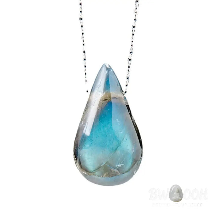 BWOOOH Labradorite Water Drop Support Healing Necklace Pendant, showcasing unique labradorescence with iridescent blue, green, and gold flashes against a dark background, embodying spiritual change and inner light. - View 10