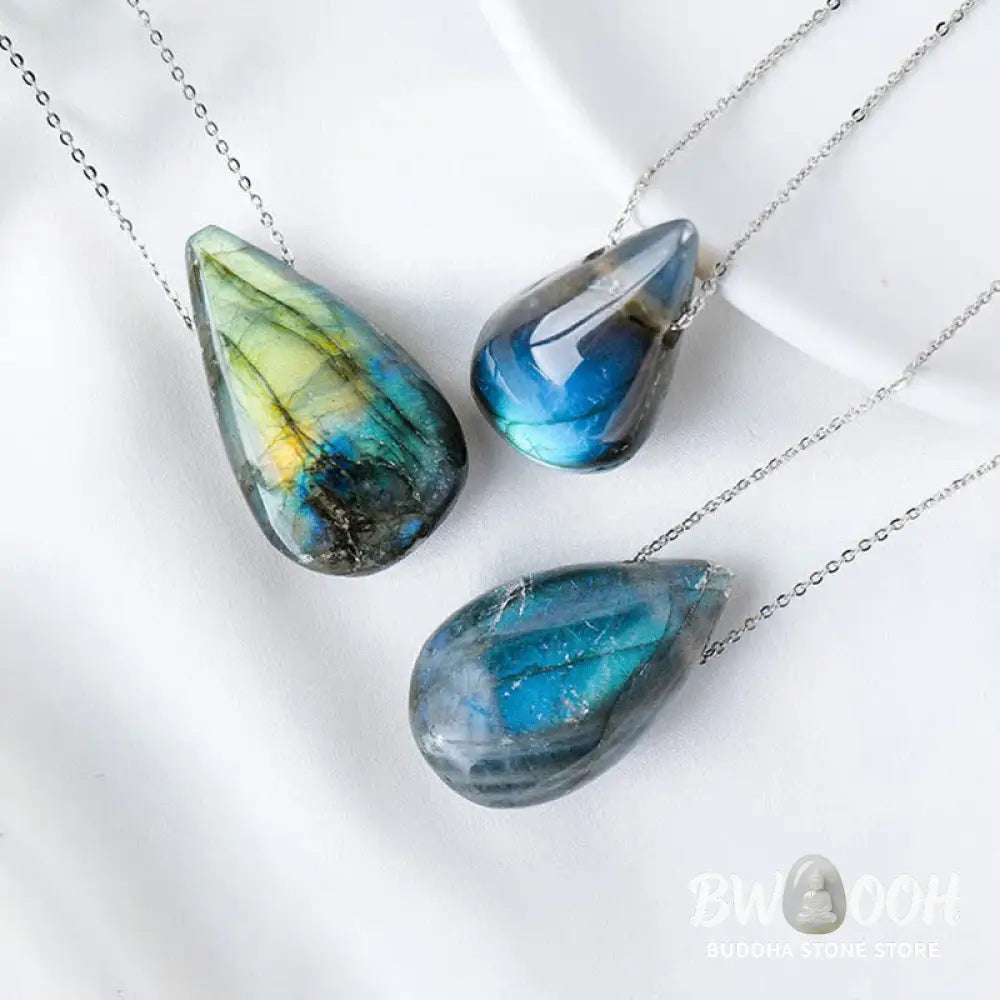 BWOOOH Labradorite Water Drop Support Healing Necklace Pendant, showcasing unique labradorescence with iridescent blue, green, and gold flashes against a dark background, embodying spiritual change and inner light. - View 3