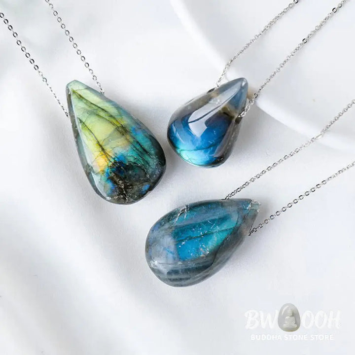 BWOOOH Labradorite Water Drop Support Healing Necklace Pendant, showcasing unique labradorescence with iridescent blue, green, and gold flashes against a dark background, embodying spiritual change and inner light. - View 3