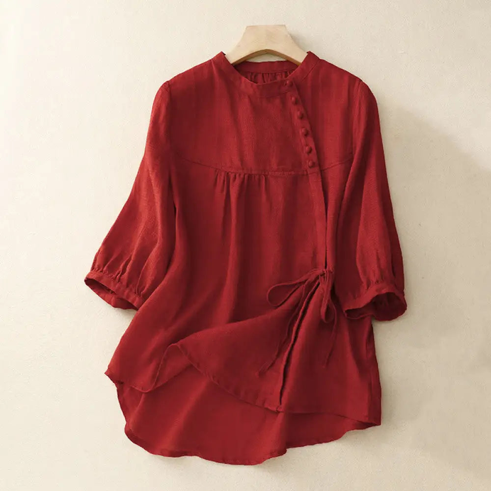 Buddha Stones Lace-up Buttons Design Women’s Cotton Linen Three Quarter Sleeve Shirt - Crimson / US6，UK/AU10，EU38 (M)