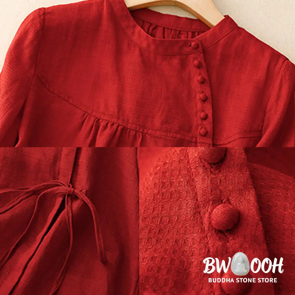 Buddha Stones Lace-up Buttons Design Women’s Cotton Linen Three Quarter Sleeve Shirt - Women’s Shirts