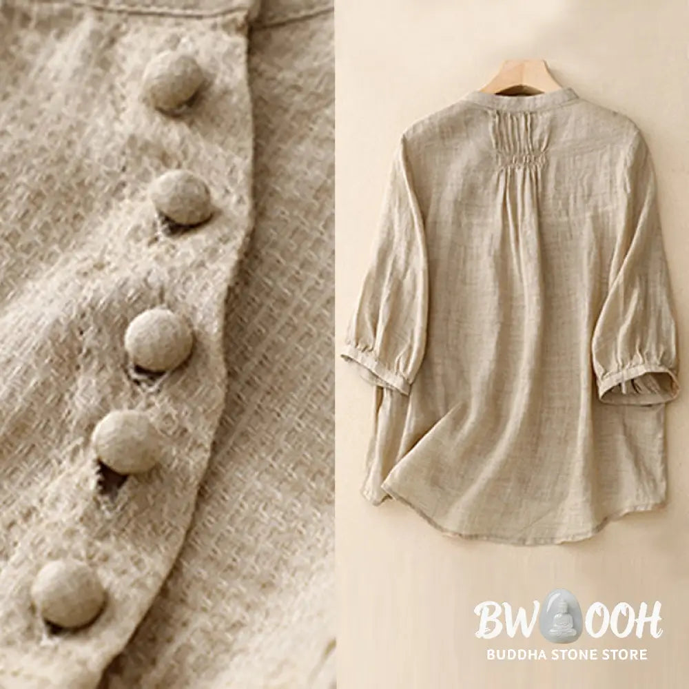 Buddha Stones Lace-up Buttons Design Women’s Cotton Linen Three Quarter Sleeve Shirt - Women’s Shirts