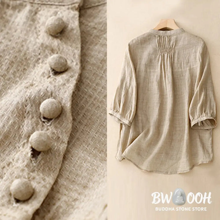 Buddha Stones Lace-up Buttons Design Women’s Cotton Linen Three Quarter Sleeve Shirt - Women’s Shirts