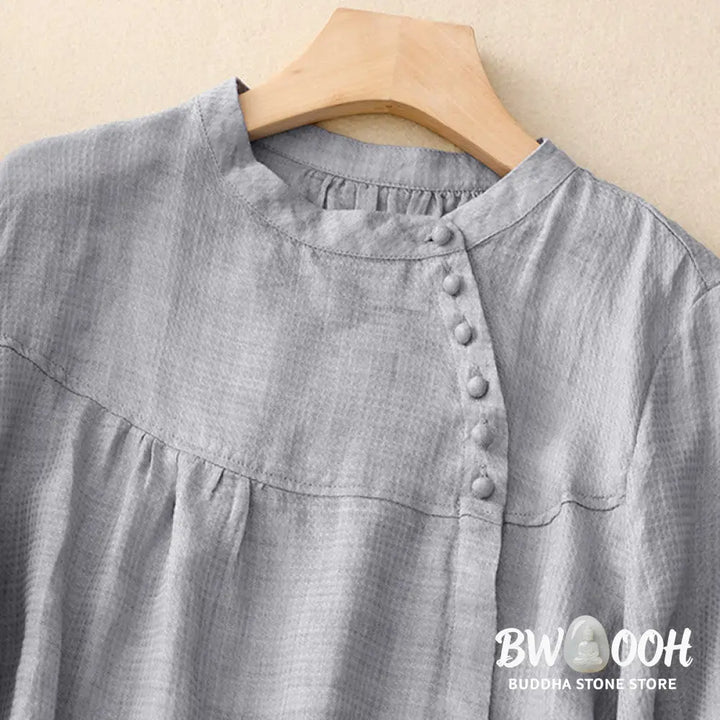 Buddha Stones Lace-up Buttons Design Women’s Cotton Linen Three Quarter Sleeve Shirt - Women’s Shirts