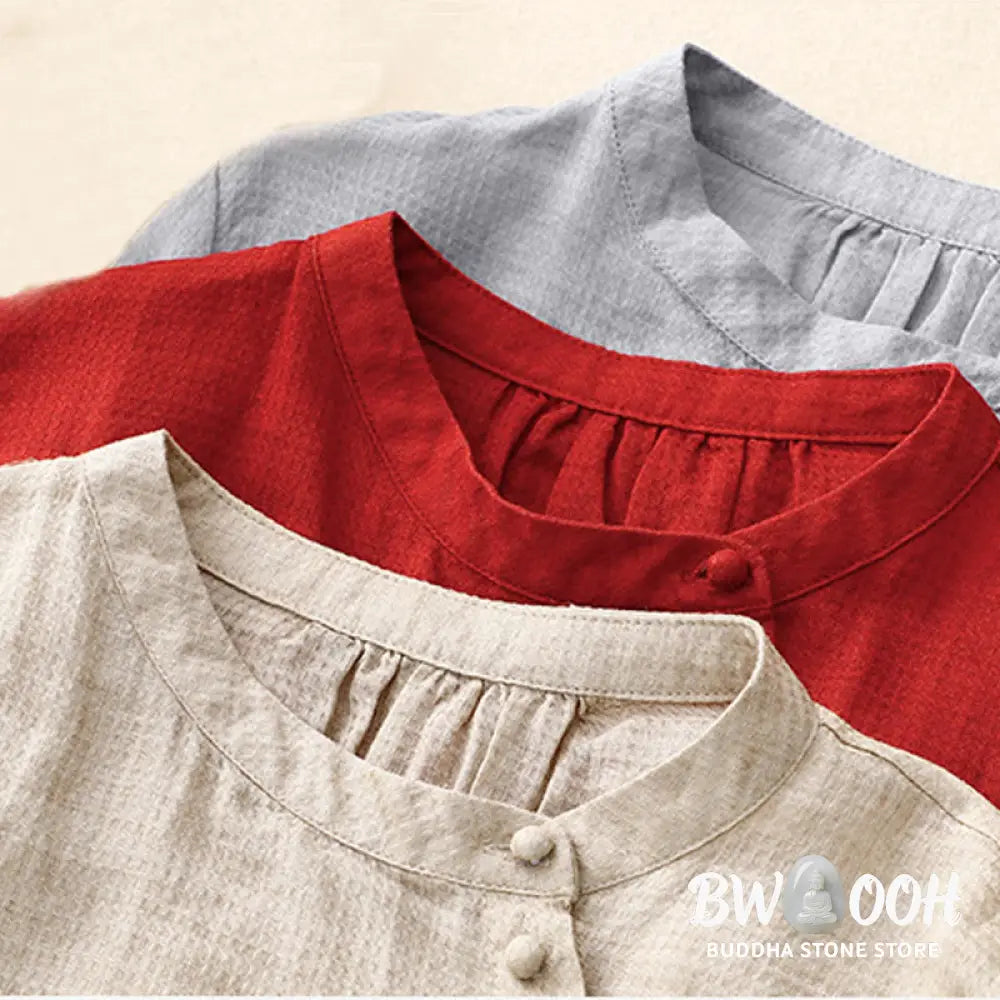 Buddha Stones Lace-up Buttons Design Women’s Cotton Linen Three Quarter Sleeve Shirt - Women’s Shirts